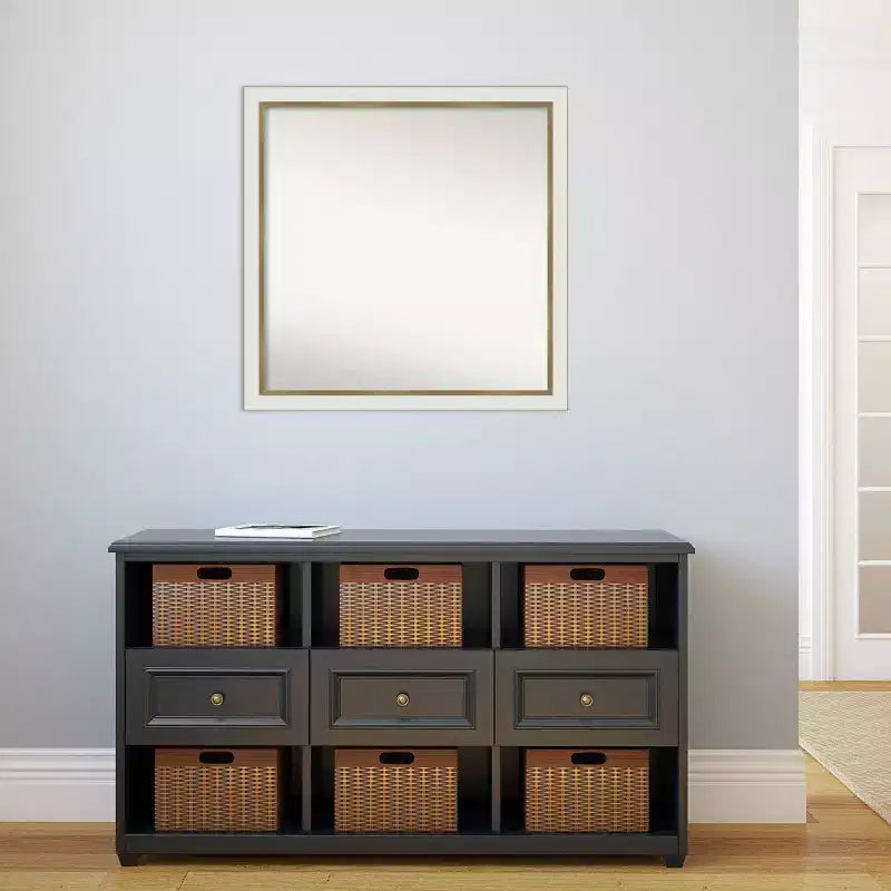 29" x 29" Square Wall Mirror – White & Gold Narrow Frame, Single