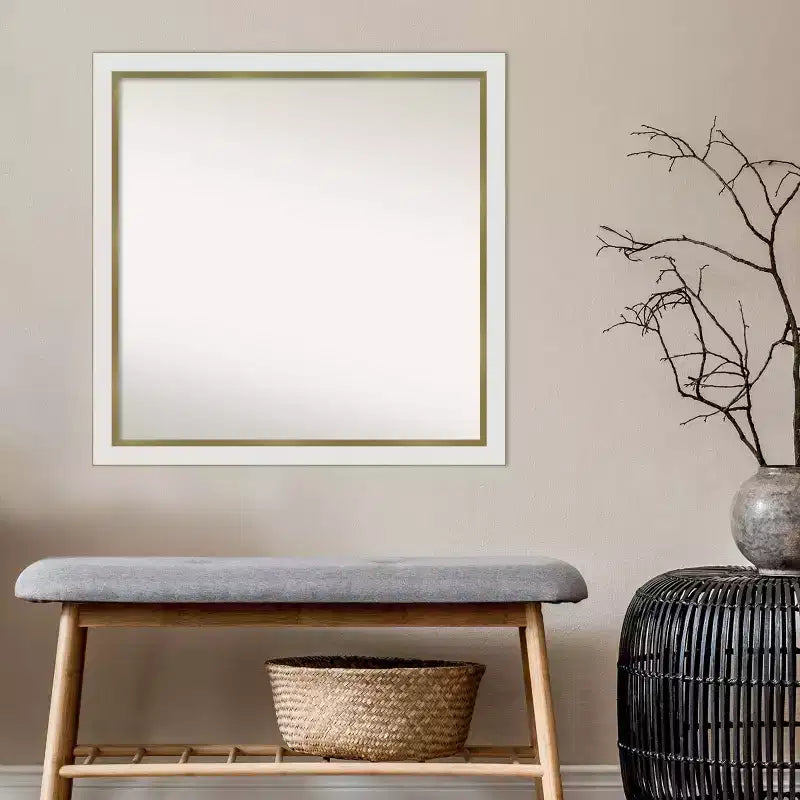 29" x 29" Square Wall Mirror – White & Gold Narrow Frame, Single