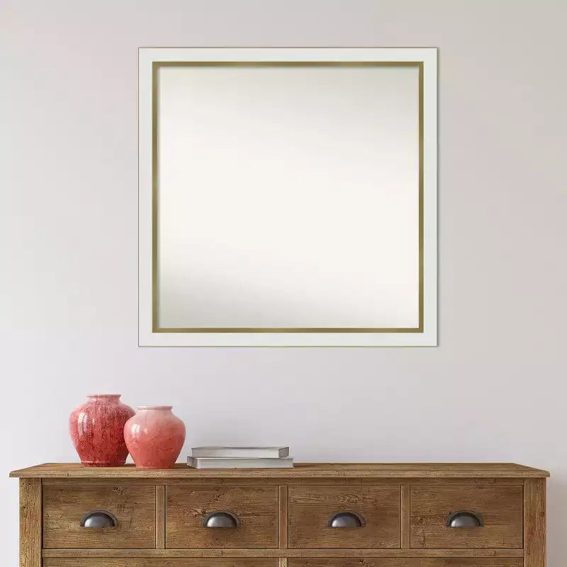 29" x 29" Square Wall Mirror – White & Gold Narrow Frame, Single