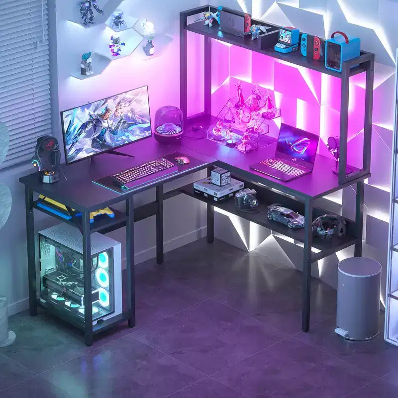 Besiost L Shaped Desk with Hutch, LED Lights, Reversible Corner Desk with Power Outlet