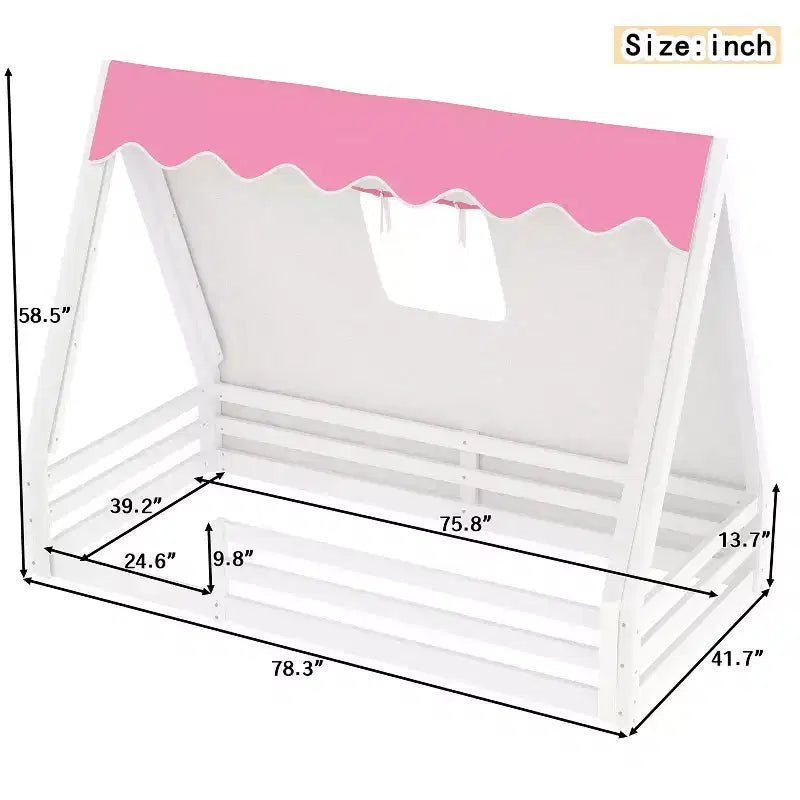 Natural/White+Pink House-Shaped Floor Canopy Bed with Tent & Light, Solid Wood, Twin/Full, 1-Person