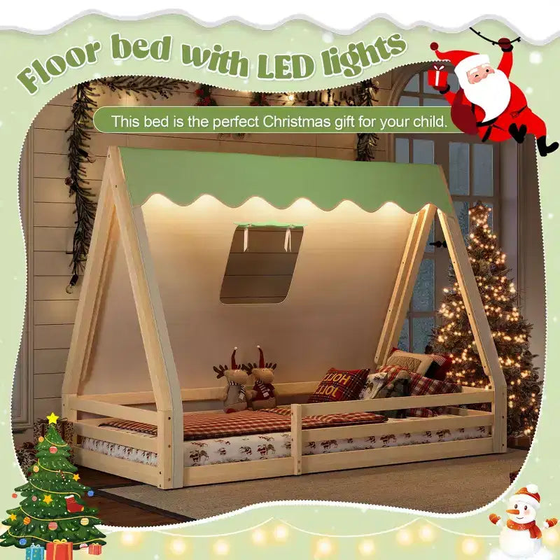 Natural/White+Pink House-Shaped Floor Canopy Bed with Tent & Light, Solid Wood, Twin/Full, 1-Person