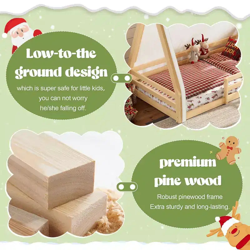 Natural/White+Pink House-Shaped Floor Canopy Bed with Tent & Light, Solid Wood, Twin/Full, 1-Person