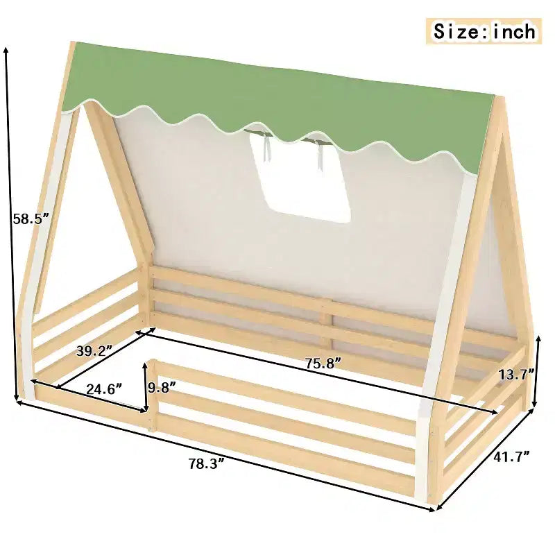 Natural/White+Pink House-Shaped Floor Canopy Bed with Tent & Light, Solid Wood, Twin/Full, 1-Person