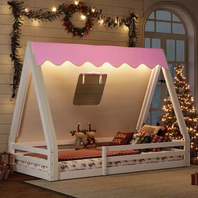 Natural/White+Pink House-Shaped Floor Canopy Bed with Tent & Light, Solid Wood, Twin/Full, 1-Person