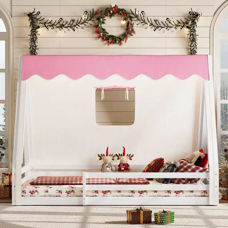 Natural/White+Pink House-Shaped Floor Canopy Bed with Tent & Light, Solid Wood, Twin/Full, 1-Person