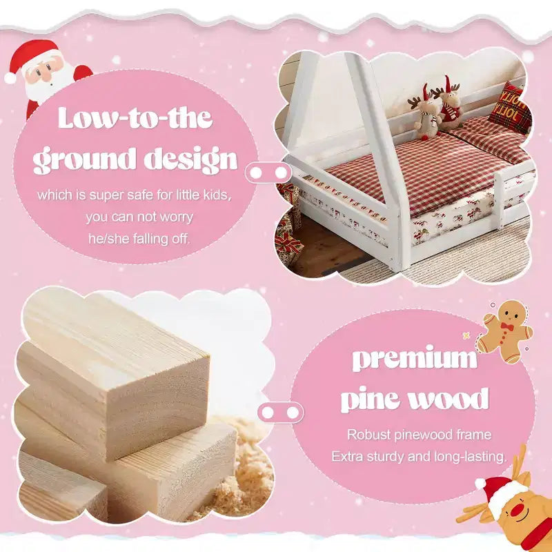 Natural/White+Pink House-Shaped Floor Canopy Bed with Tent & Light, Solid Wood, Twin/Full, 1-Person