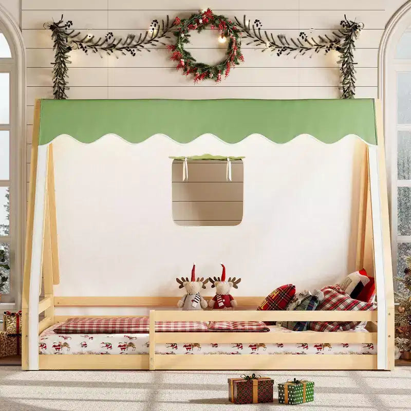 Okak Twin/Full House-Shaped Floor Canopy Beds with Tent & Light Decor,Solid Wood Bed Frame for Kids,Teens,No Spring Box Needed