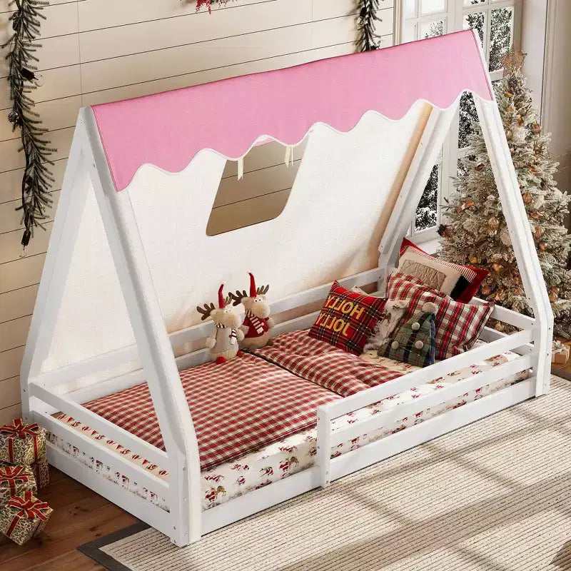 Natural/White+Pink House-Shaped Floor Canopy Bed with Tent & Light, Solid Wood, Twin/Full, 1-Person