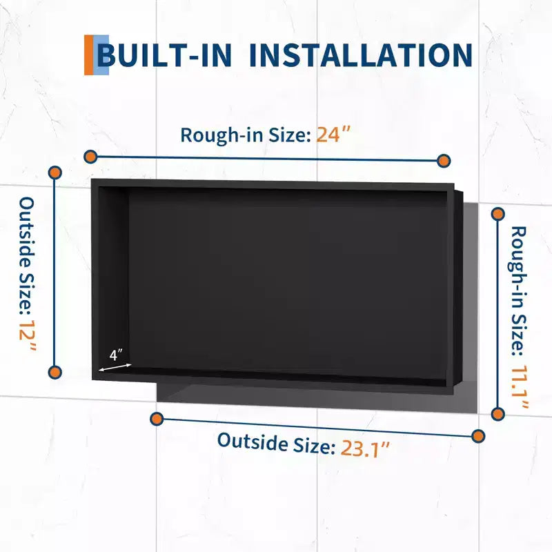 Matte Black Stainless Steel Recessed Shower Niche, 1–2 Shelf, Single Use