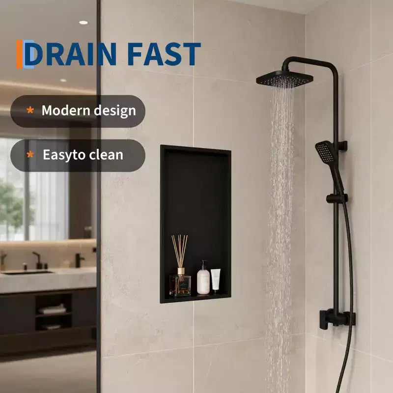 Matte Black Stainless Steel Recessed Shower Niche, 1–2 Shelf, Single Use