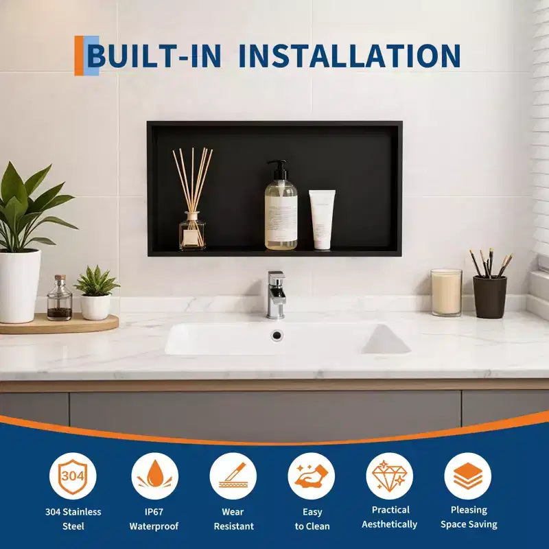 Matte Black Stainless Steel Recessed Shower Niche, 1–2 Shelf, Single Use