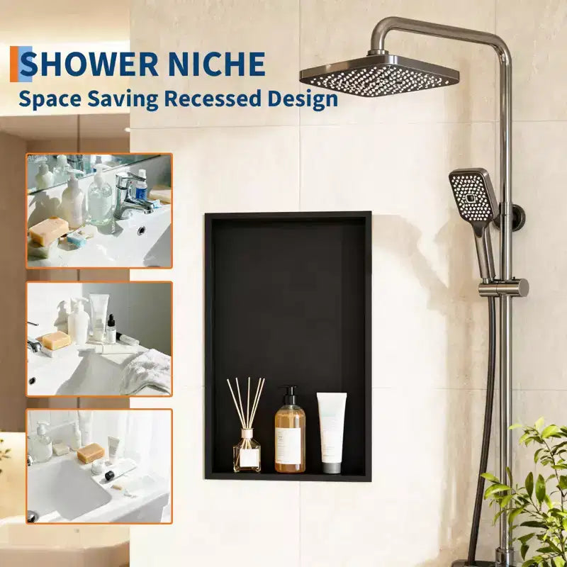 Matte Black Stainless Steel Recessed Shower Niche, 1–2 Shelf, Single Use