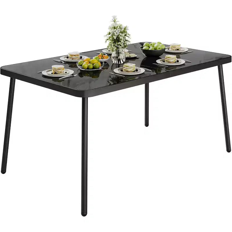 59 Inch Black Patio Table with Metal Frame, Tempered Safety Glass Top for 4-6 People, All-Weather Outdoor Dining Table for Porch Balcony and Backyard