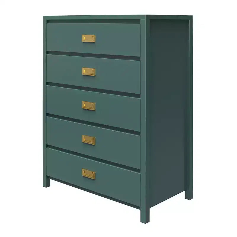 Dark Green 5-Drawer Dresser with Gold Handles