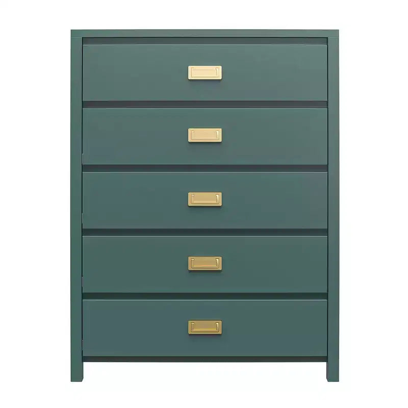 Dark Green 5-Drawer Dresser with Gold Handles