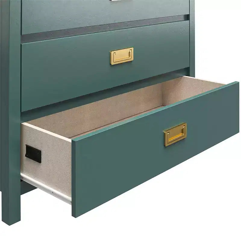 Dark Green 5-Drawer Dresser with Gold Handles