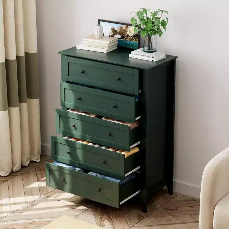 Green 5-Drawer Tall Dresser with Metal Knobs, MDF, 1-Person