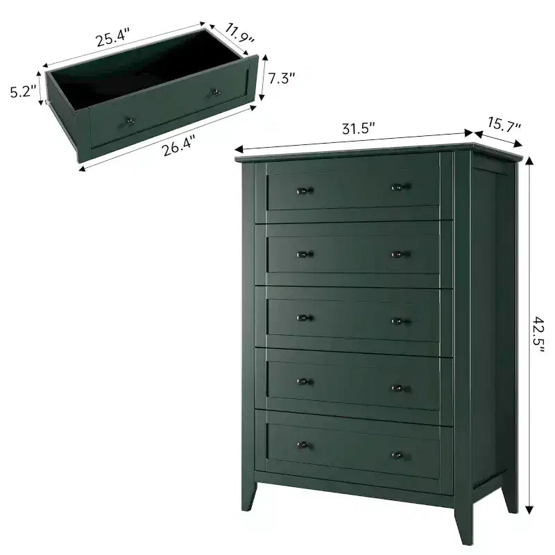 Green 5-Drawer Tall Dresser with Metal Knobs, MDF, 1-Person