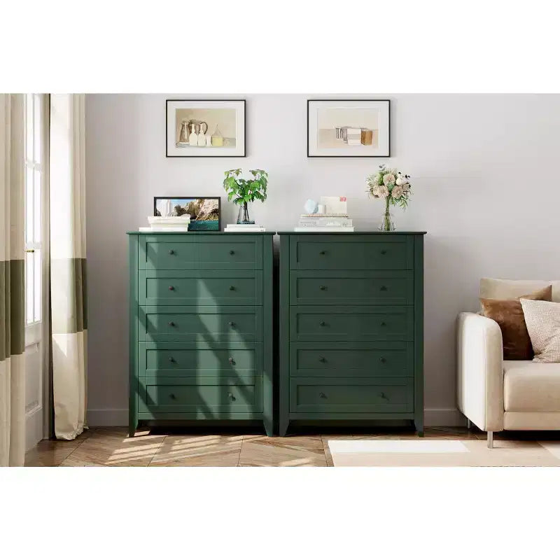 Green 5-Drawer Tall Dresser with Metal Knobs, MDF, 1-Person