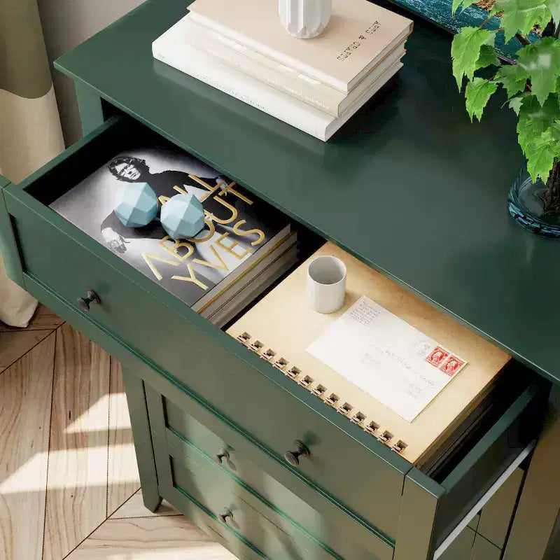 Green 5-Drawer Tall Dresser with Metal Knobs, MDF, 1-Person