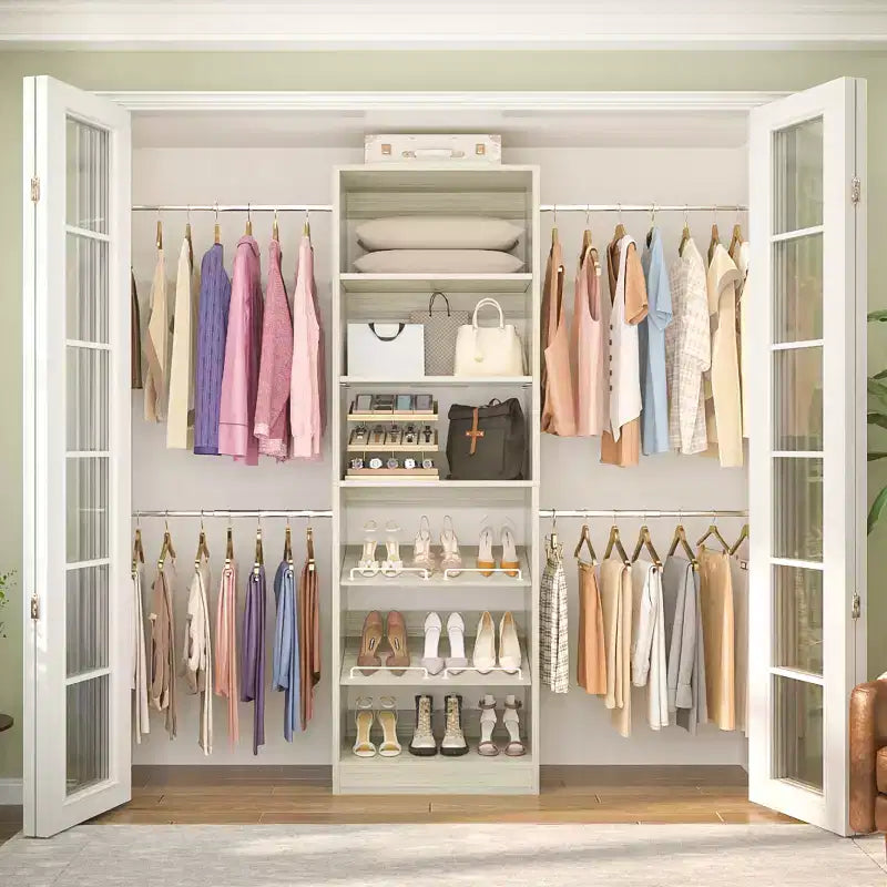White Modular Walk-In Closet System with Hanging Rods & Shelves, Single-Person