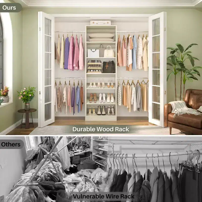 White Modular Walk-In Closet System with Hanging Rods & Shelves, Single-Person