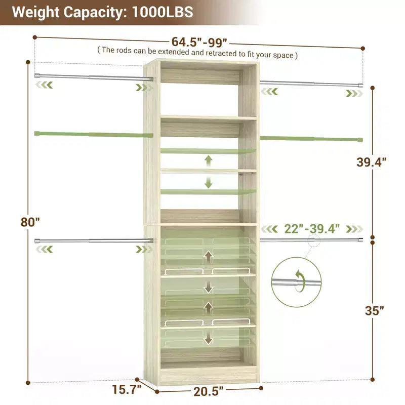 White Modular Walk-In Closet System with Hanging Rods & Shelves, Single-Person