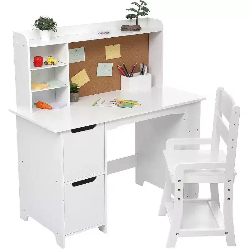 Kids Desk, Study Desk and Chair Set for Boys and Girl, Wooden Kids Writing Table with Bookshelf, Bulletin Board, and Cabinets for Ages 3-8