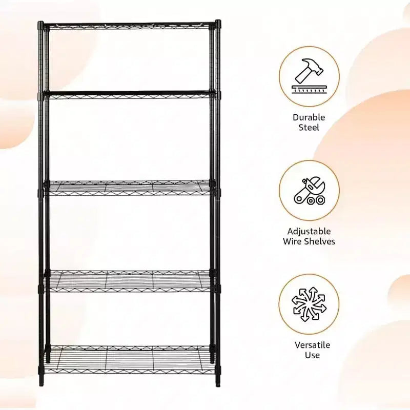 Black 5-Shelf Steel Wire Rack – Adjustable, 1-Person Assembly