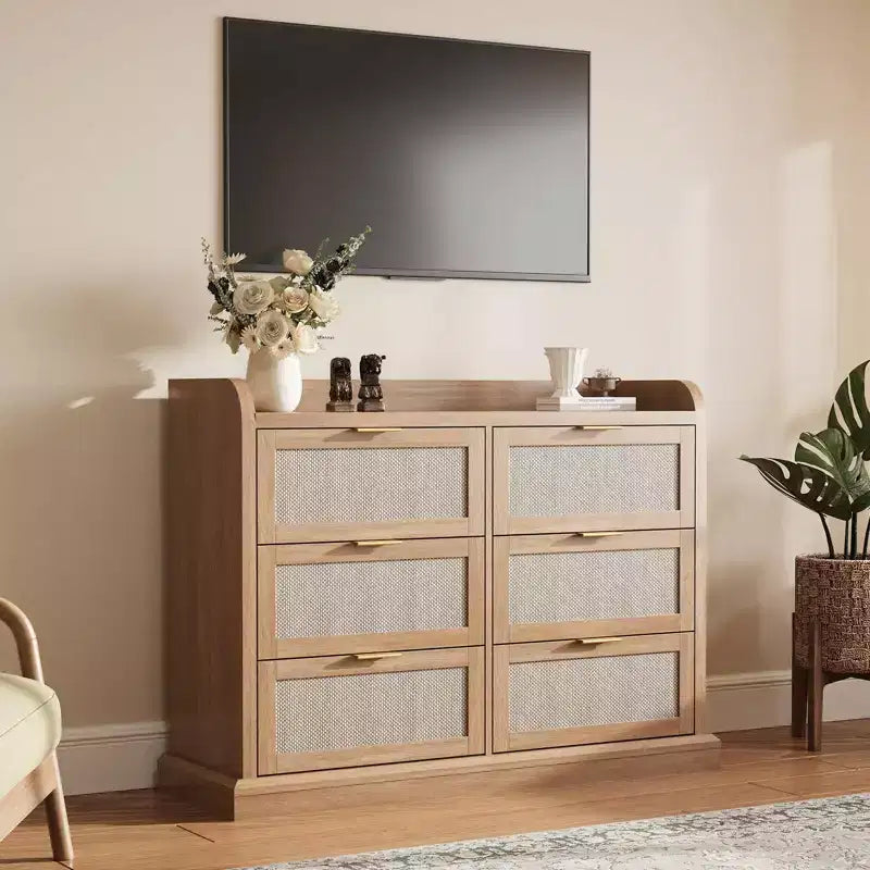 COZONY Rattan 6-Drawer Dresser with Spacious Top, Farmhouse Style Wood Storage Cabinet for Bedroom, Living Room or Entryway