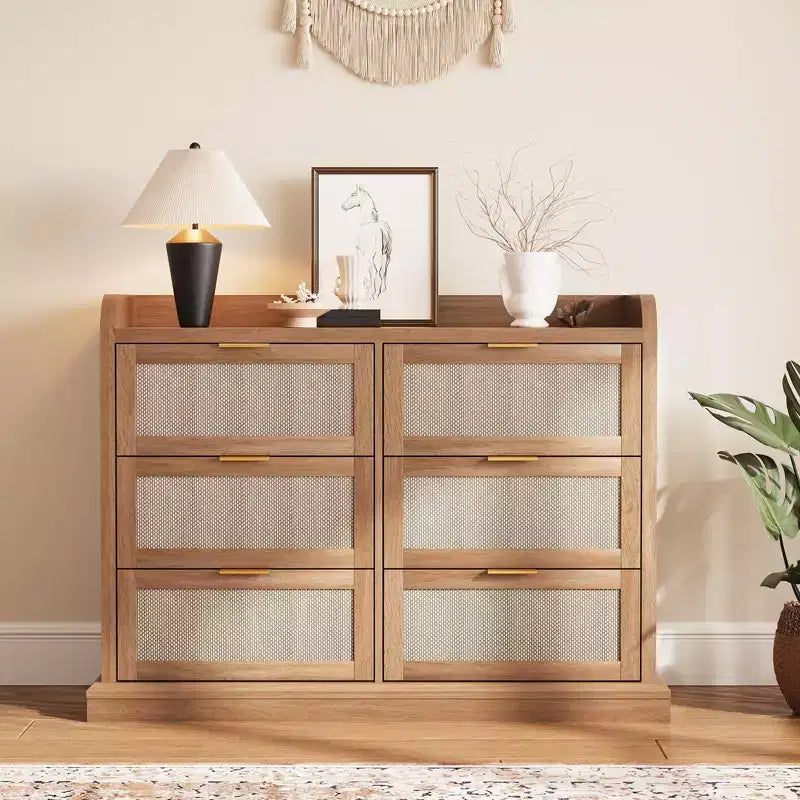 Brown Rattan 6-Drawer Dresser, Farmhouse Style, Single-Person Use