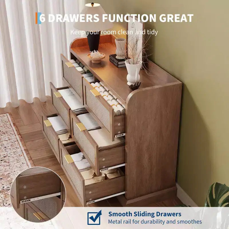 Brown Rattan 6-Drawer Dresser, Farmhouse Style, Single-Person Use