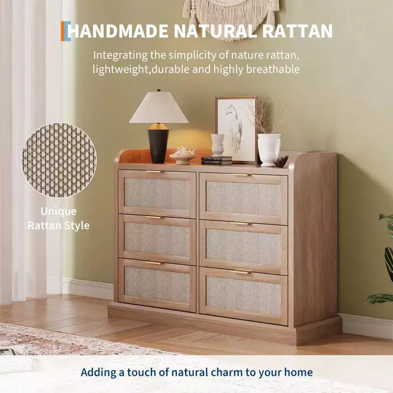Brown Rattan 6-Drawer Dresser, Farmhouse Style, Single-Person Use