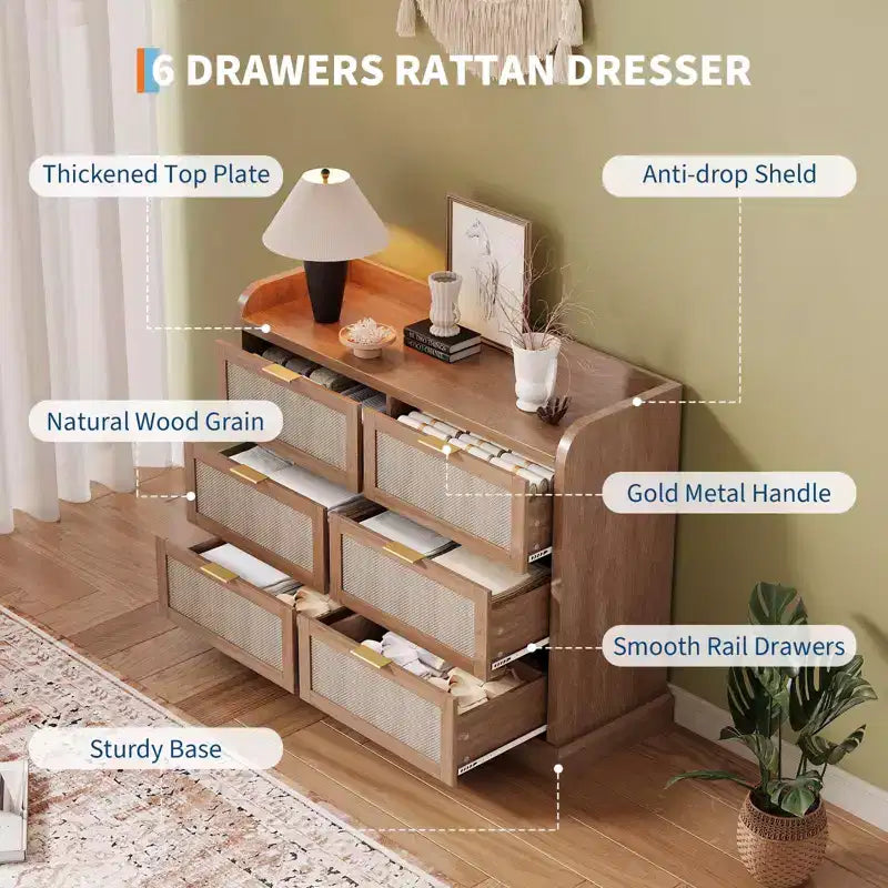 Brown Rattan 6-Drawer Dresser, Farmhouse Style, Single-Person Use