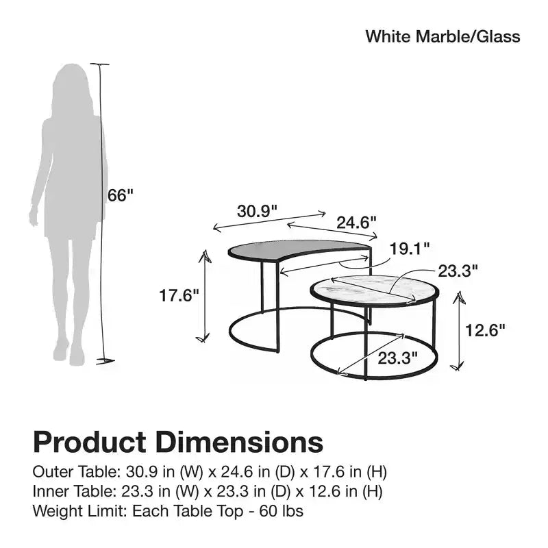 Black Metal Frame Nesting Coffee Tables, Fluted Glass & Faux Marble, 2-Piece Set
