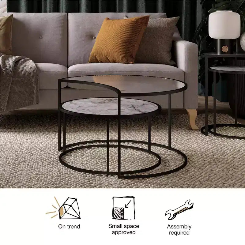 Black Metal Frame Nesting Coffee Tables, Fluted Glass & Faux Marble, 2-Piece Set