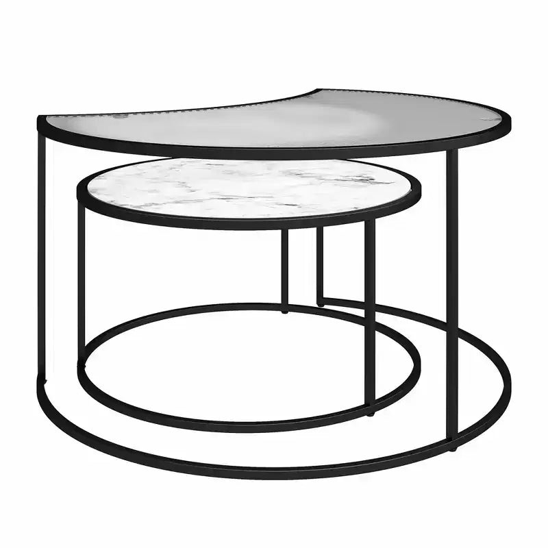 Black Metal Frame Nesting Coffee Tables, Fluted Glass & Faux Marble, 2-Piece Set