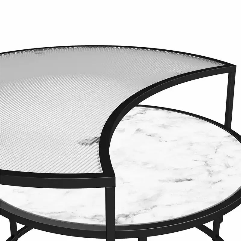 Black Metal Frame Nesting Coffee Tables, Fluted Glass & Faux Marble, 2-Piece Set