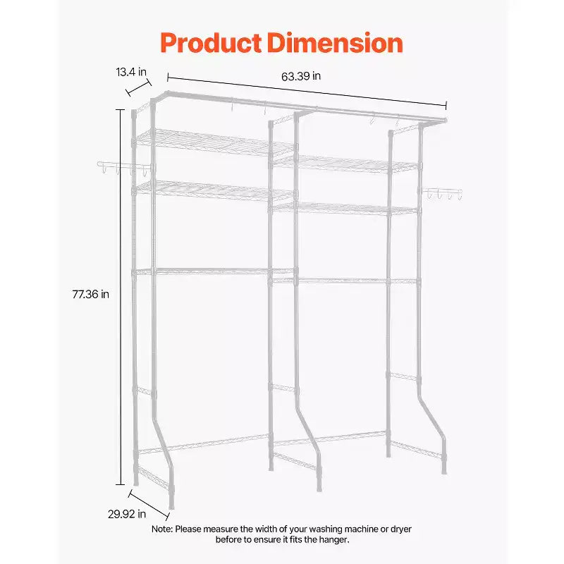 White 6-Tier Over Washer & Dryer Storage Shelf with Hanger Rod & Hooks, Single Use