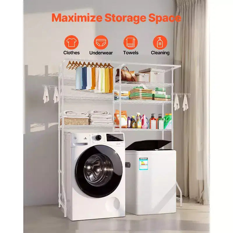 White 6-Tier Over Washer & Dryer Storage Shelf with Hanger Rod & Hooks, Single Use