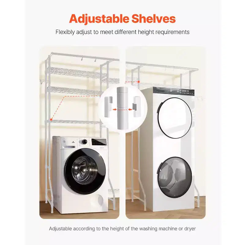 White 6-Tier Over Washer & Dryer Storage Shelf with Hanger Rod & Hooks, Single Use