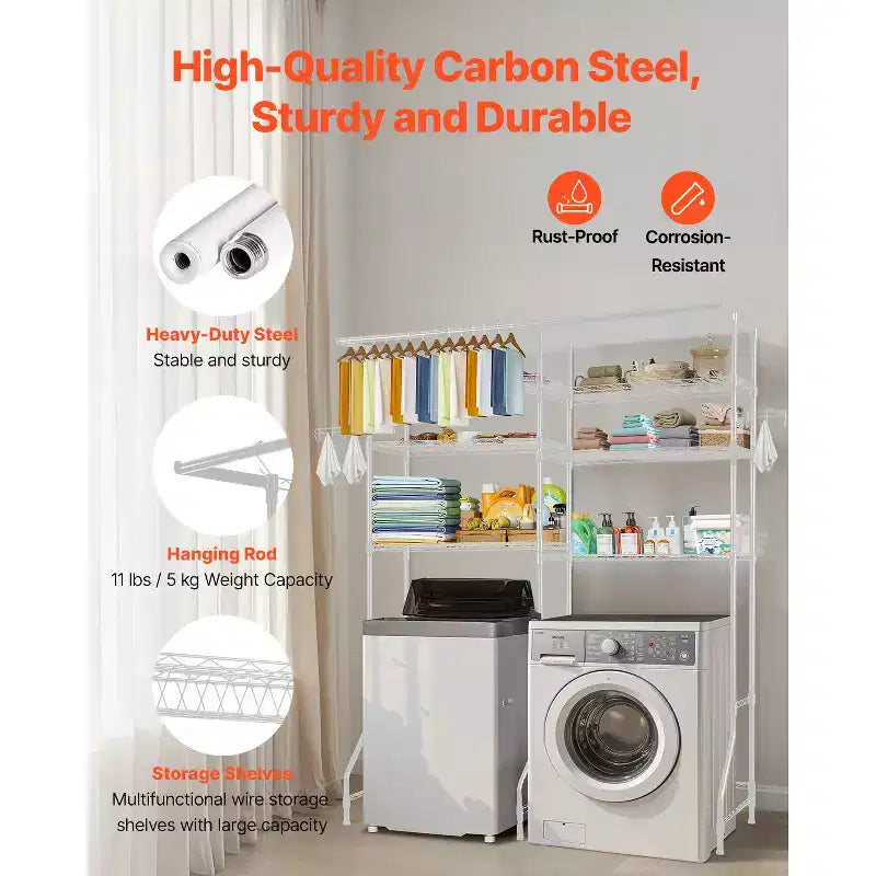 White 6-Tier Over Washer & Dryer Storage Shelf with Hanger Rod & Hooks, Single Use