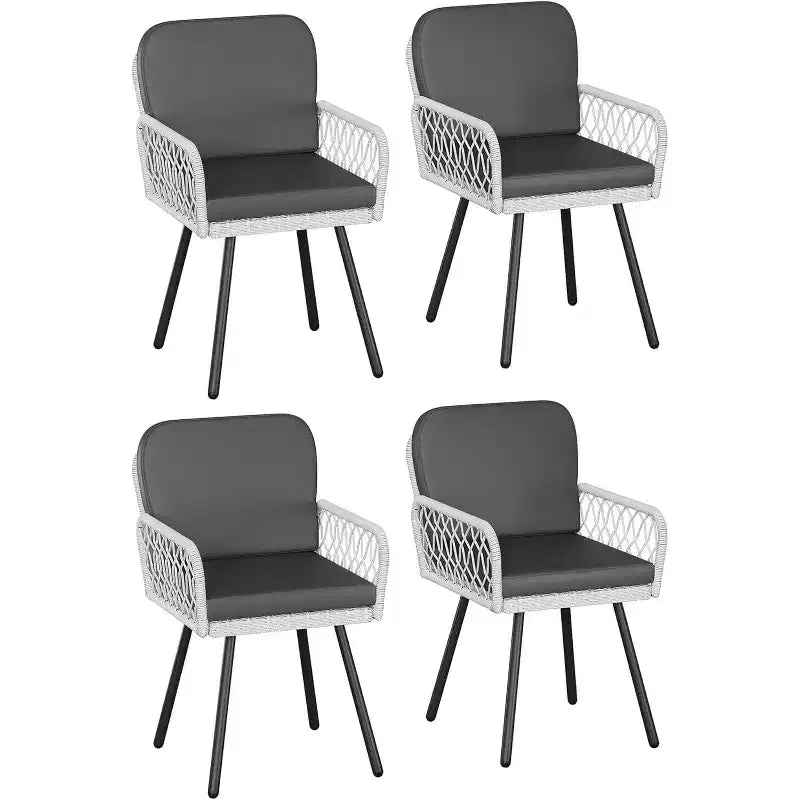 Set of 4 Patio Dining Chairs, Black Metal Frame & White Hand-Woven Rattan with Cushion for Porch, Deck, Backyard, Balcony