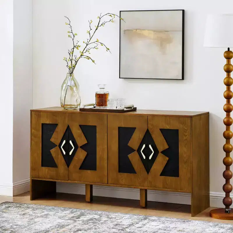 Black / Walnut Mid-Century Sideboard Buffet Cabinet with Geometric Doors, 4-Door Storage Console