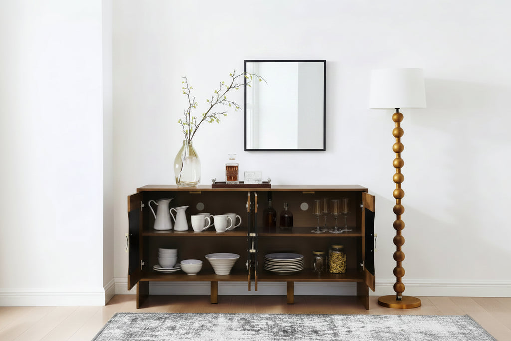 Black / Walnut Mid-Century Sideboard Buffet Cabinet with Geometric Doors, 4-Door Storage Console