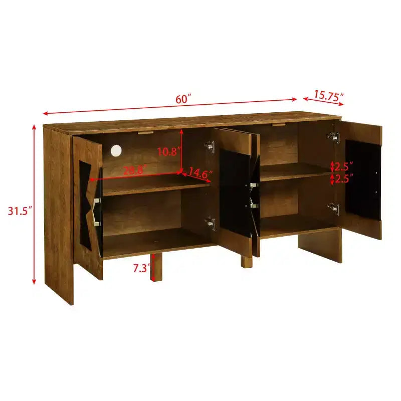 Black / Walnut Mid-Century Sideboard Buffet Cabinet with Geometric Doors, 4-Door Storage Console