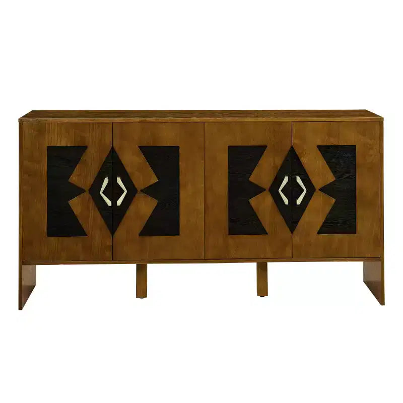 Black / Walnut Mid-Century Sideboard Buffet Cabinet with Geometric Doors, 4-Door Storage Console