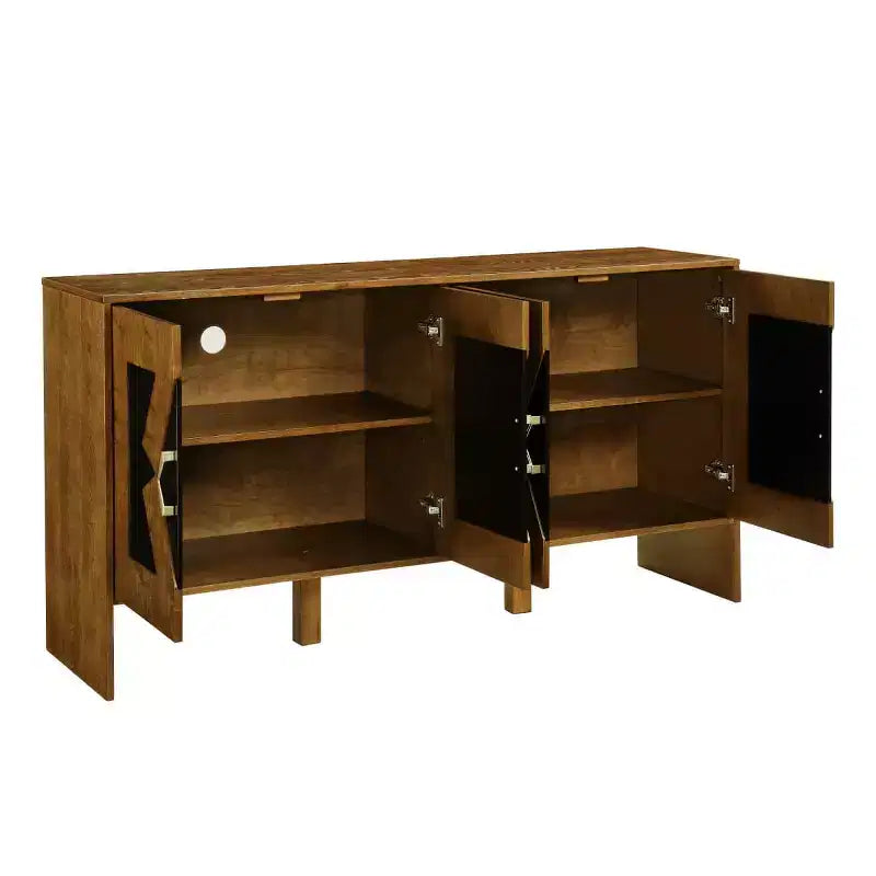 Black / Walnut Mid-Century Sideboard Buffet Cabinet with Geometric Doors, 4-Door Storage Console
