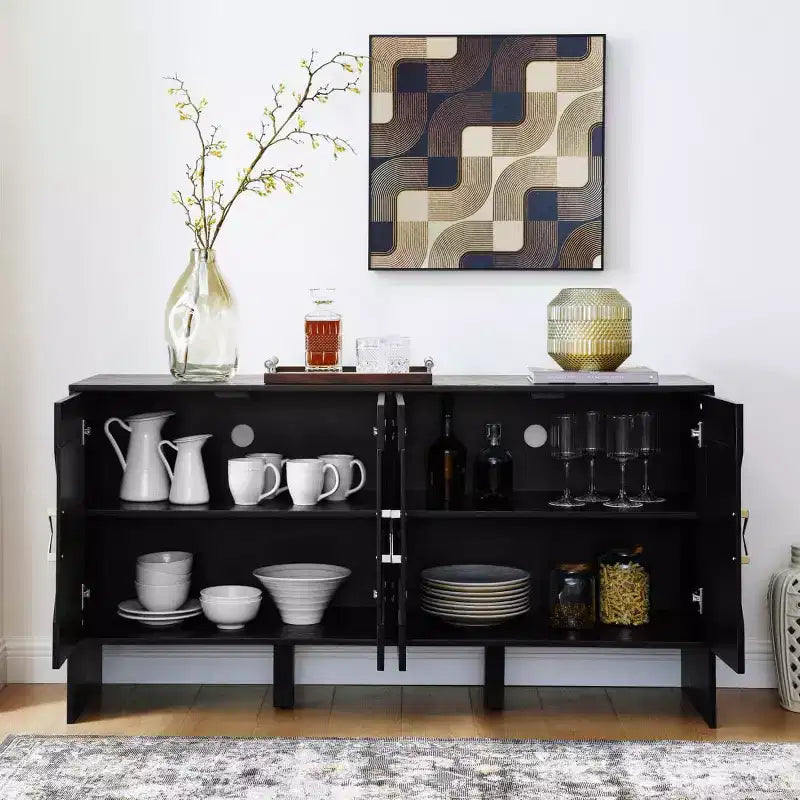 Black / Walnut Mid-Century Sideboard Buffet Cabinet with Geometric Doors, 4-Door Storage Console